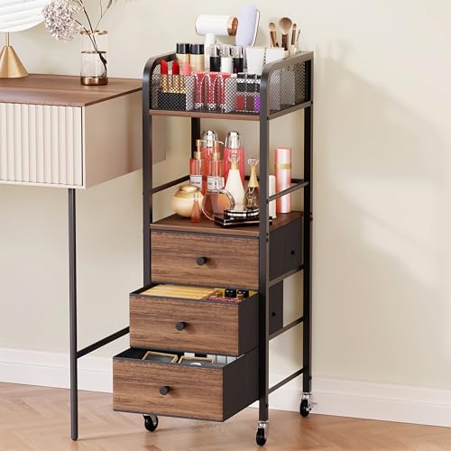 HapiRm Rolling Makeup Cart Organizer - Floor Skincare Make Up Storage with 3 Non-woven Fabric Drawers, Vanity Organizer Cosmetic Display Cases Holder for Skin Care Perfume Nail Polish Brush Hair Tool