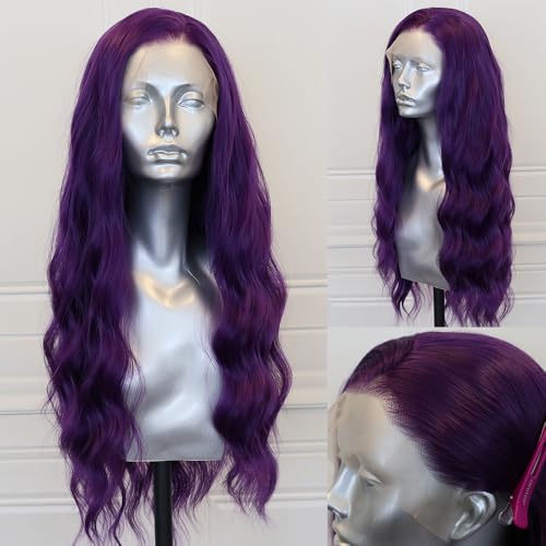 ELESTY Long Wavy Purple Synthetic Lace Front Wigs for Women Free Part Dark Purple Glueless Wig 24 inch Natural Curly Synthetic Wig Heat Resistant Fiber Hair Wigs for Daily Party Use