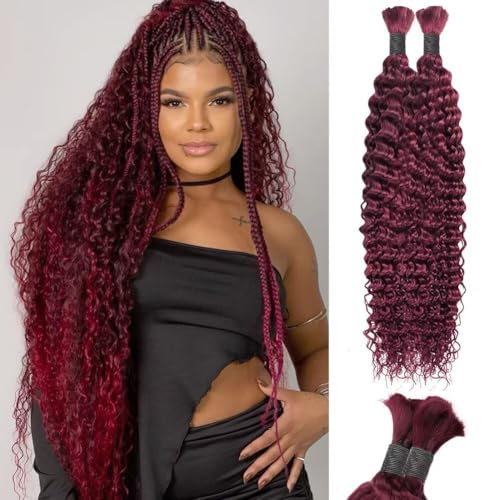 Burgundy Human Braiding Hair Deep Water Wave Bulk Human Hair 100g 22 Inch Color 99J Curly Human Hair for Boho Braids Hair Extensions No Weft 2 Braids Per Pack Wet and Wavy Human Hair Braiding Hair