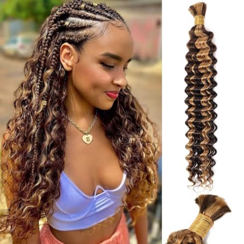 Ombre Human Braiding Hair Deep Water Wave Bulk Human Hair 50g 24 Inch P4/27 Curly Human Hair for Boho Braids Hair Extensions No Weft 1 Braids Per Pack Wet and Wavy Highlight