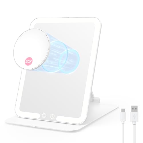 Benbilry Foldable Travel Makeup Mirror with Lights and 20X Magnification, Rechargeable Tabletop LED Vanity Mirror with Adjustable Stand, 3-Colored Dimmable Lighting, Portable Cosmetic Mirror, White