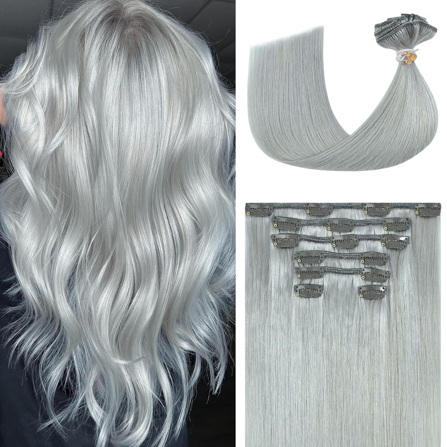 Ukira Silver Hair Extensions real human hair, 75g 22 Inch 7pcs Silver Grey Clip in Hair Extensions Human Hair, Silky Natural Straight Remy Human Hair Gray Clip in Extensions for Women