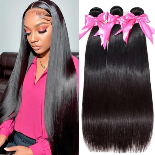 10A Brazilian Straight Human Hair 3 Bundles 16 18 20 Inch Straight Bundles Human Hair 100% Unprocessed Virgin Hair Weave Bundles Deals Hair 1B Black