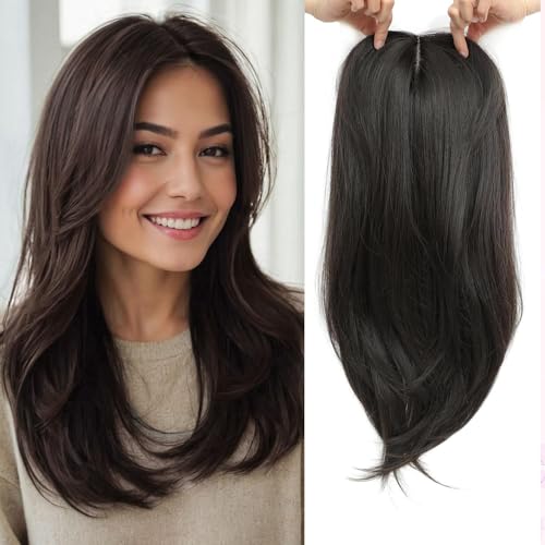 Molefi Hair Topper,18 Inch Long Layered Toppers for Women with Thinning Hair,Add Volume Synthetic Wiglets Pieces For Women 6.5"6.5" Large Base for Daily Use(Black brown)