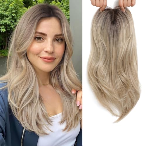 Molefi Hair Toppers for Women with Thinning Hair,18 Inch Long Layered Topper,Add Volume Synthetic Wiglets Pieces For Women 6.5"x6.5"Large Base for Daily Use (Mix Blonde with Dark Root)
