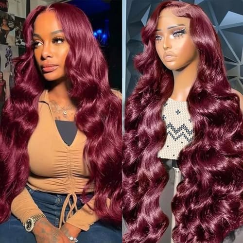 CITY GIRL 99J Burgundy Lace Front Wigs Human Hair 13x4 HD Transparent Body Wave Pre Plucked 200% Density 24 Inch