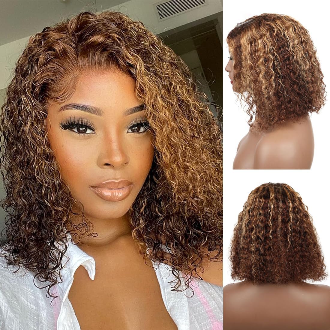 Wear and Go Glueless Wigs Human Hair Pre Plucked Pre Cut Highlight 4/27 Deep Wave Wigs for Black Women Human Hair Bob Wig with Elastic Band Upgraded 4x4 Lace Closure Wigs (14Inch)