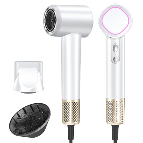 Hair Dryer, 160000 RPM High-Speed Brushless Motor with 500 Million Negative Ions, Professional Ionic Blow Dryer with Magnetic Diffuser & Nozzle,Lightweight for Home Travel Salon(White)