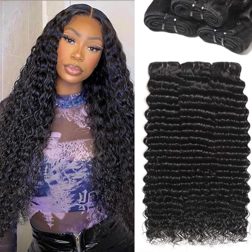 12A Brazilian Deep Wave Bundles Human Hair 3 Pcs Water Wave Bundles 100% Unprocessed Virgin Human Hair Wet and Wavy Bundle Double Weft Deep Curly Weave Natural Black(22 22 22)