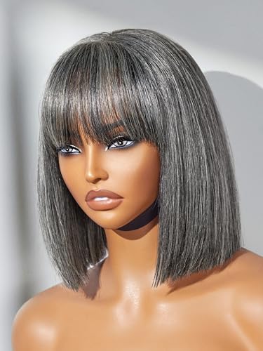 LUVME HAIR All-Day Comfort Wig 10 Inch Grey Salt & Pepper Silky Straight Bob Wig with Bangs Human Hair Glueless HD Lace Bob Wig with Mix Grey Color, Ready to Go Short Wigs For Women (Breathable Cap)