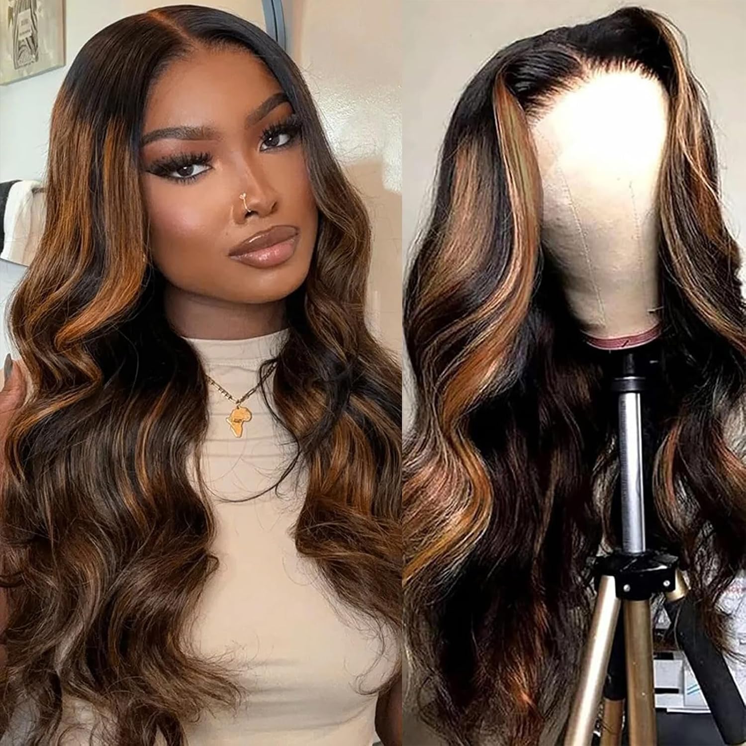 Body Wave Lace Front Wigs Human Hair 1B/30 Highlight Ombre Lace Front Wig Human Hair 13x4 Transparent Lace Frontal Black with Brown Highlight Wig for Women 200 Density Glueless Wigs 24 Inch