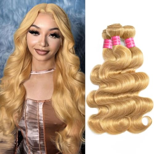 Aopusi Honey Blonde Human Hair Bundles #27 Colored Body Wave Brazilian Remy Human Hair Weft Blonde Hair 3 Bundles Blonde Body Wave Bundles(18 20 22 Inch)