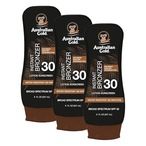 Australian Gold Sunscreen Lotion with Instant Bronzer, Broad Spectrum, Water Resistant, Non-Greasy, Oxybenzone Free, Cruelty Free, SPF 30, Coconut, 8 Fl Oz (A70902) (Pack of 3)