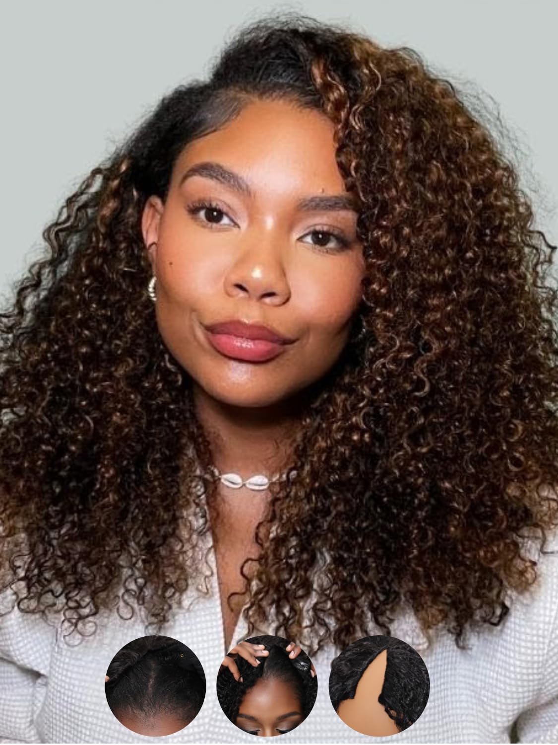 Sunber EasiContour V Part Human Hair Ombre Chestnut Brown Curly Glueless Wig Upgrade Vpart Wigs No Leave Out No Gel 180% Density V Shape Clip Wigs No Sew in Ready to Go Beginner Friendly 24Inch