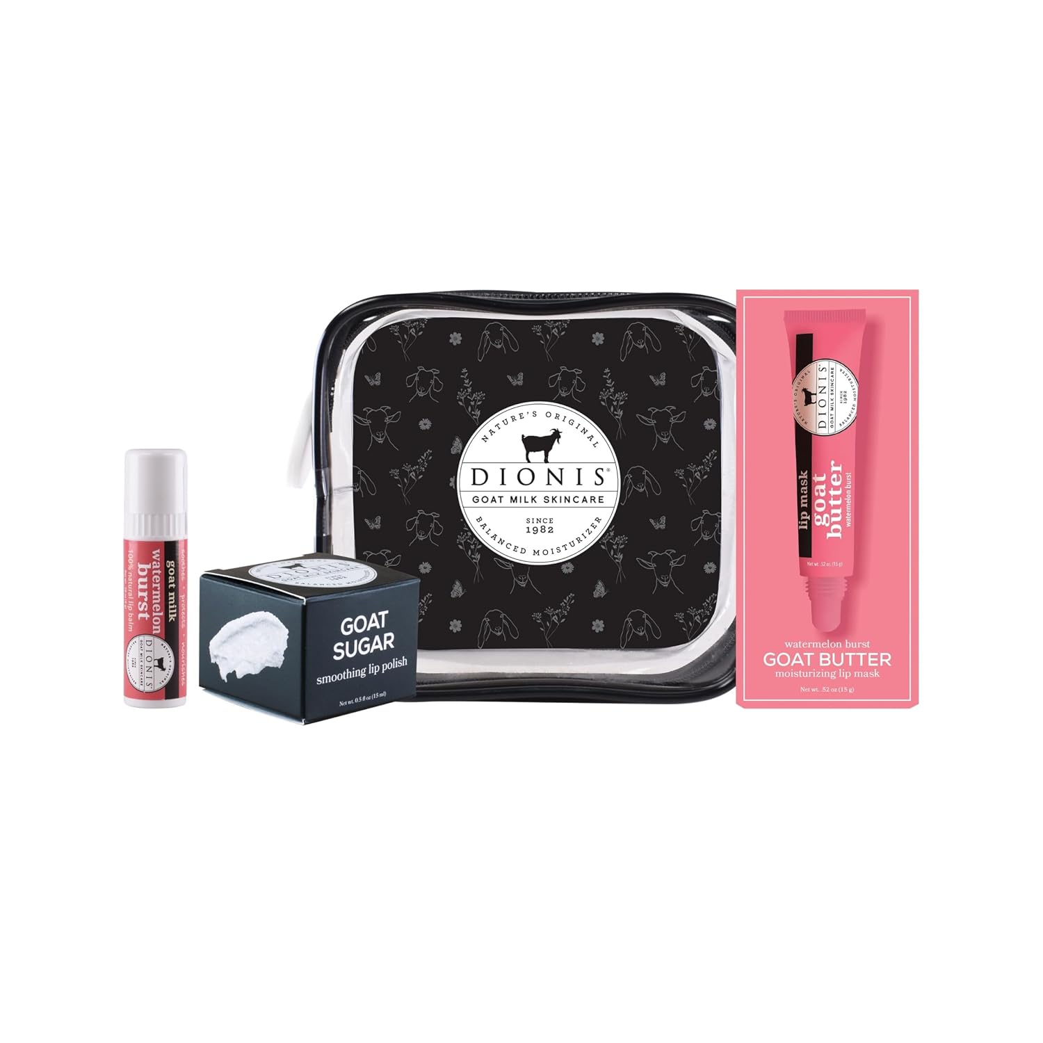 Dionis Goat Milk Watermelon Burst 3-Piece Lip Care Kit, Travel Bag Included  Sugar Polish, Goat-Butter Overnight Mask & Scented Jumbo Lip-Balm - Moisturizing Clean Beauty, Cruelty-Free, Made in USA
