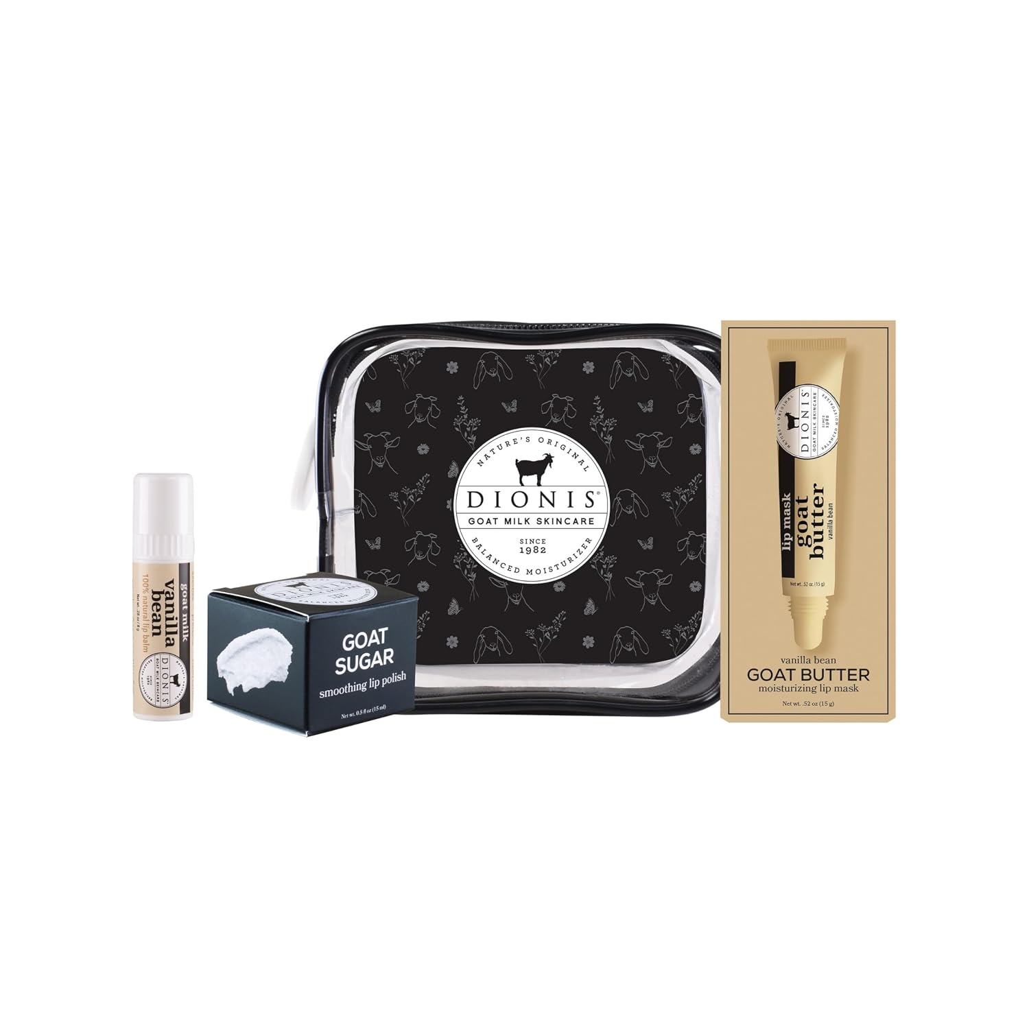 Dionis Goat Milk Vanilla Bean 3-Piece Lip Care Kit, Travel Bag Included  Sugar Polish, Goat-Butter Overnight Mask & Scented Jumbo Lip-Balm - Moisturizing Clean Beauty, Cruelty-Free, Made in USA