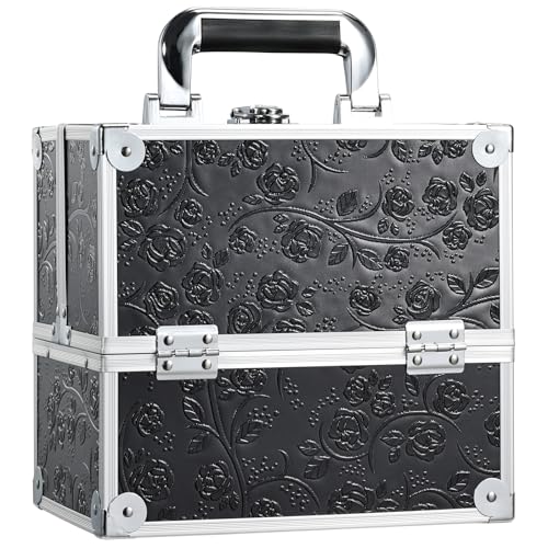 FRENESSA Makeup Train Case Cosmetic Box Portable Makeup Case (Black Floral)
