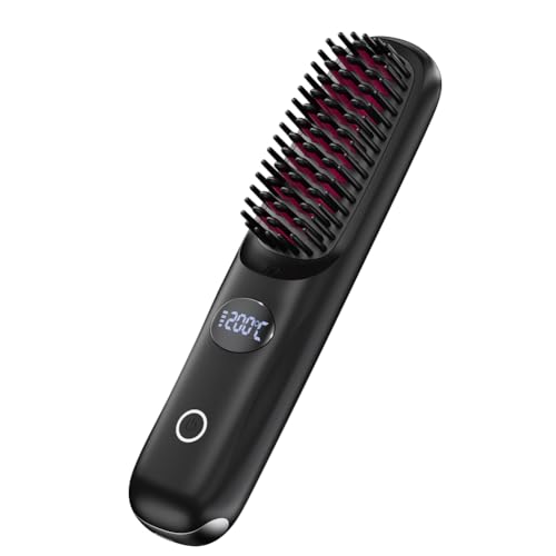 Portable Cordless Hair Straightener Brush Mini Straightening for Travel Negative Ion Hot Comb for Women Lightweight on-The-go USB Rechargeable with LED Display Anti-Scald Protection (Black)