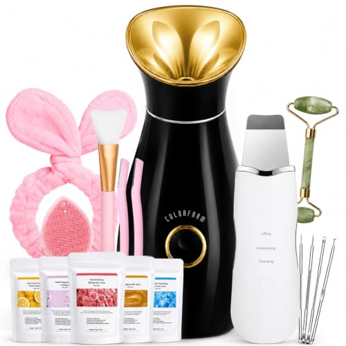 Colorfarm Facial Steamer Nano Ionic: Face Steamer Home Spa Kit Deep Cleaning Unclogs Pores Sinuses Inhaler with 8 Skin Care Tools - Relaxing Self Care Skincare Beauty Gifts for Women (Black Gold)