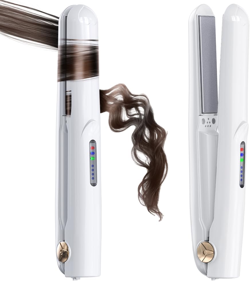 Cordless Hair Straightener and Curler 2 in 1 Ceramic Flat Iron Mini Cordless Portable Travel Hot Tools Straight Curl for Women Men USB Rechargeable with Pouch (White)