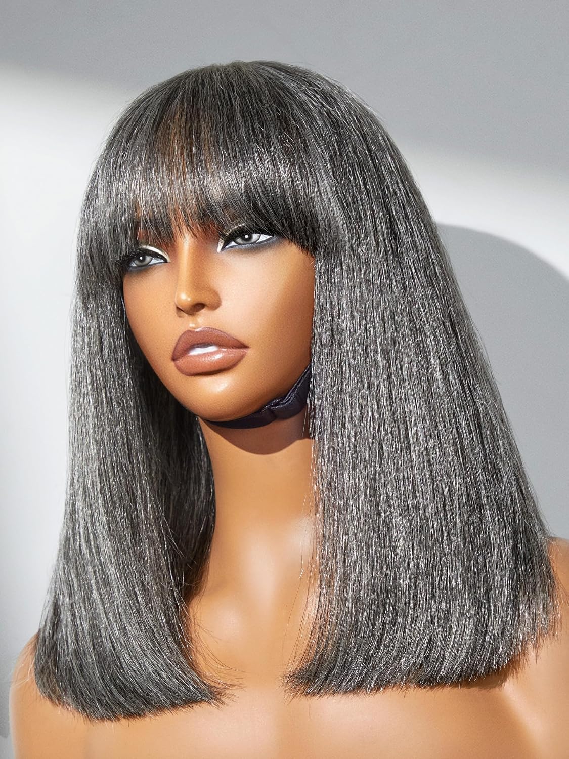 LUVME HAIR All-Day Comfort Wig 14 Inch Grey Salt & Pepper Silky Straight Bob Wig with Bangs Human Hair Glueless HD Lace Bob Wig with Mix Grey Color, Ready to Go Short Wigs For Women