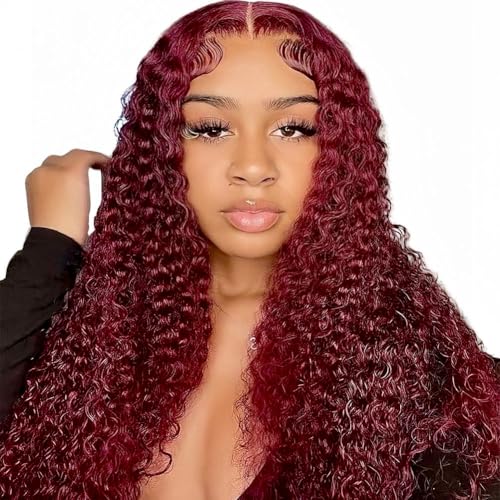 99j Burgundy Deep Wave Lace Front Wigs Human Hair Glueless Wigs Human Hair Pre Plucked Pre Cut 5X5 HD Lace Closure Wigs Curly 180% Density Lace Front Wigs for Black Women 20 Inch