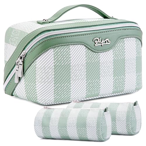 BOYATU Travel Makeup Bag Organizer Cosmetic Bag: 3 Pcs Set Make up Bags for Women with Handle - Waterproof Vegan Leather Toiletry Bags Travel Essentials Pouch with Compartments (F-02-Green)