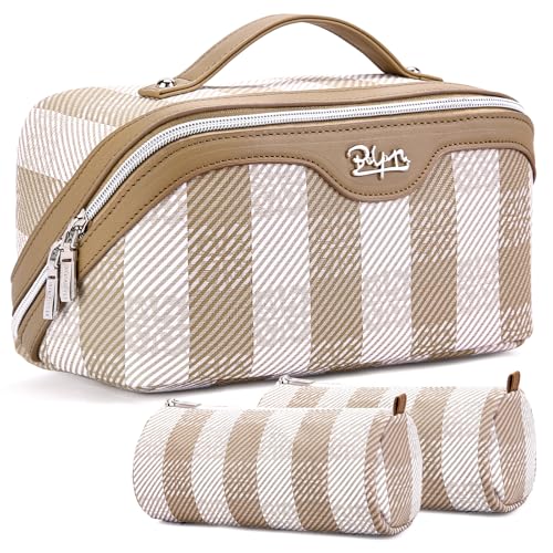 BOYATU Travel Makeup Bag Organizer Cosmetic Bag: 3 Pcs Set Make up Bags for Women with Handle - Waterproof Vegan Leather Toiletry Bags Travel Essentials Pouch with Compartments (F-04-Brown)