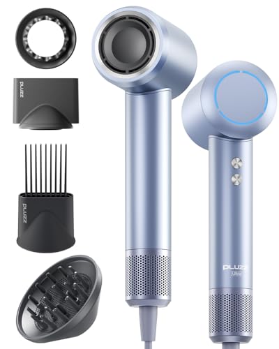 Hair Dryer with Comb & Diffuser Attachment for Curly Hair, PLUZZ 200M Negative Ionic Blow Dryer Brush, High-Speed Brushless Motor Hairdryer Fast, Portable Travel Hair Dryers Quiet, Women/Men/Kids