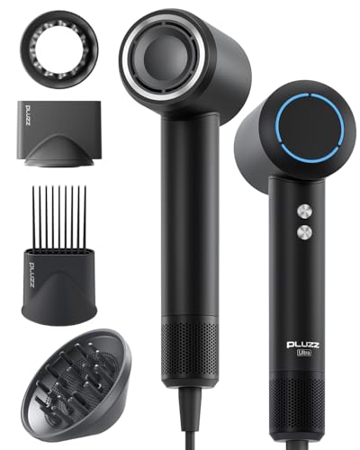 Hair Dryer with Comb & Diffuser Attachment for Curly Hair, PLUZZ 200M Negative Ionic Blow Dryer Brush, High-Speed Brushless Motor Hairdryer Fast, Portable Travel Hair Dryers Quiet, Women/Men/Kids
