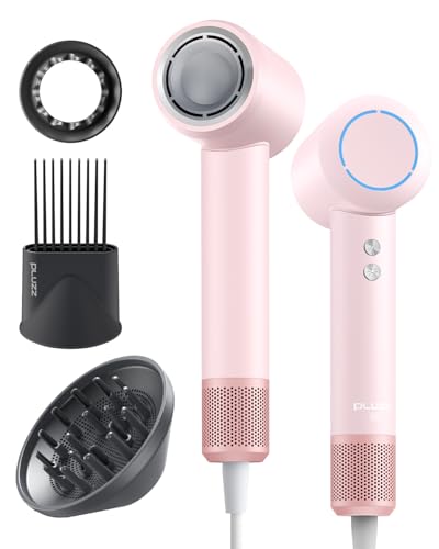 Hair Dryer with Comb & Diffuser Attachment for Curly Hair, PLUZZ 200M Negative Ionic Blow Dryer Brush, High-Speed Brushless Motor Hairdryer Fast, Portable Travel Hair Dryers Quiet, Women/Men/Kids