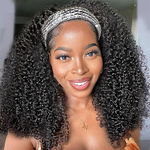 Kinky Curly Headband Wig Human Hair 180% Density Glueless Wigs for Black Women 10A Afro Kinky Curly None Lace Front Wig Real Human Hair Natural Curls 16 Inch
