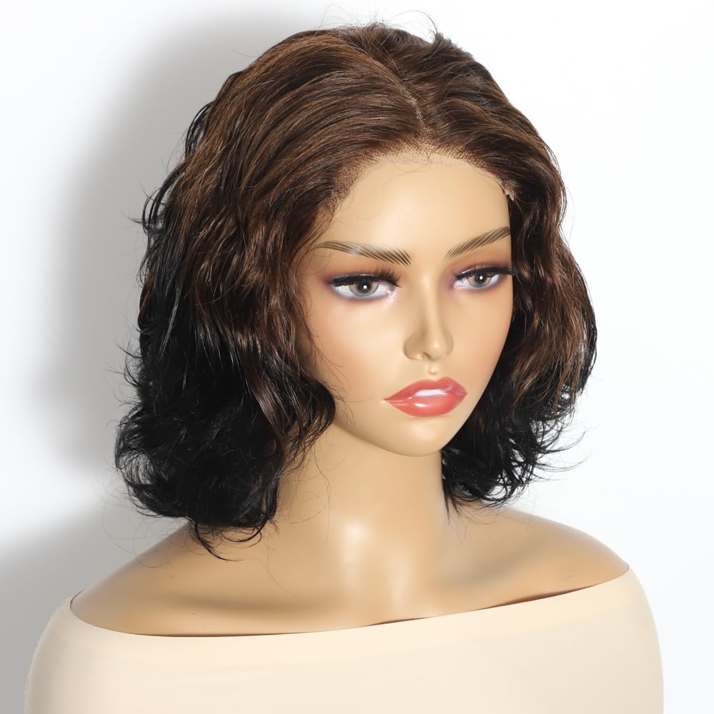 4x4 Wear and Go Glueless Short Wigs Human Hair T1B/Brown Short Wavy Wig 12 Inch Lace Front Wigs pre plucked Curly HD Lace Closure Wigs 180% Density Colored Wigs(T1B/Brown Ombre Color, 12 inches)