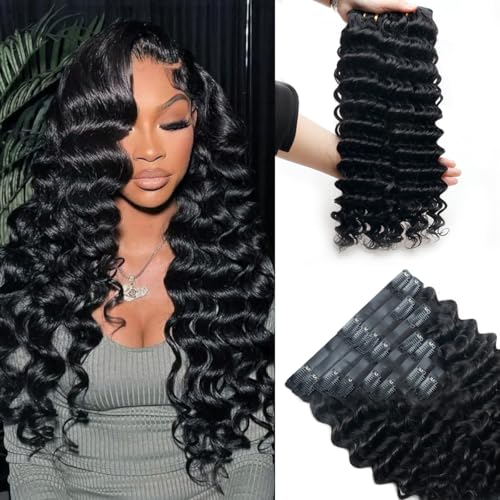 Deep Wave Clip in Hair Extensions Real Human Hair 2 Pack 240g Seamless Clip in Hair Extensions for Women Full Max with 16Pcs PU Thin Weft 14inch Natural Black