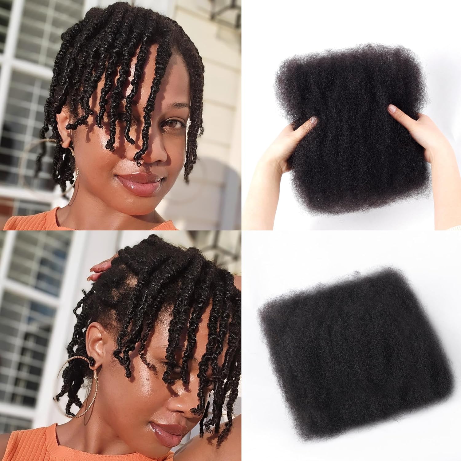 Afro Kinkys Bulk Human Hair -100% Real Human Hair for Mini Twist, Braiding, Loc Extensions & Crochet, Kinky Curly Hair Bundles, Natural Afro Bulk for Dreadlocks(1B, 10 Inch(Pack of 1))