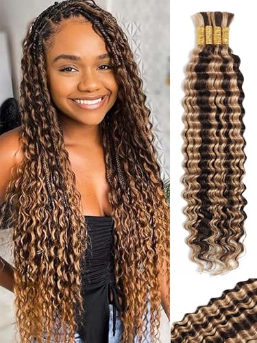 Ombre Human Braiding Hair 22 Inch 100 g 4 Bundles Deep Wave Bulk Human Hair for Boho Braiding 10A P4/27 Highlight Wet and Wavy Honey Blonde Curly Human Hair Extensions