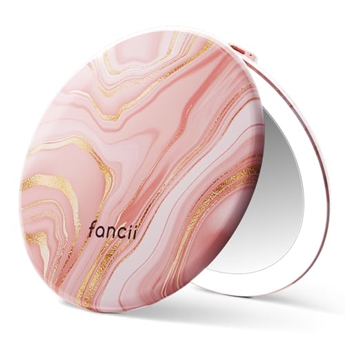 Fancii Taylor LED Lighted Travel Makeup Mirror, Rechargeable, 10x /1x Magnifying, Tru-Glow Lighting System, XL Large 5 Wide | Compact Mirror for Purses (Marble Rose)