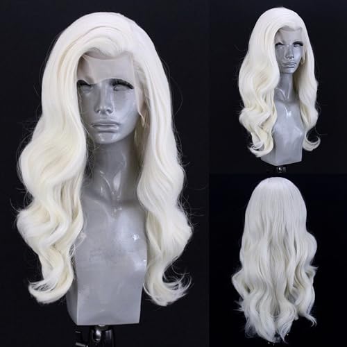 White Blonde #60 Long Wavy Hair Synthetic Lace Front Wig Natural Hairline Heat Resistant Fiber Hair Free Part Glueless Lace Wig for Women Cosplay Wigs