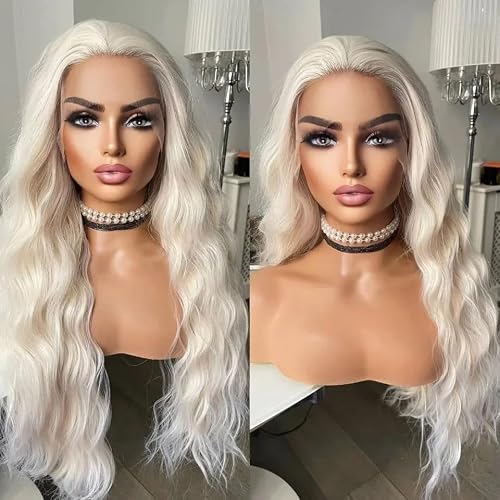 13 * 6 White Blonde #60 Long Water Wave Hair Synthetic Lace Front Wig Natural Hairline Heat Resistant Fiber Hair Free Part Glueless Lace Wig for Women Daily Party Use 24Inch