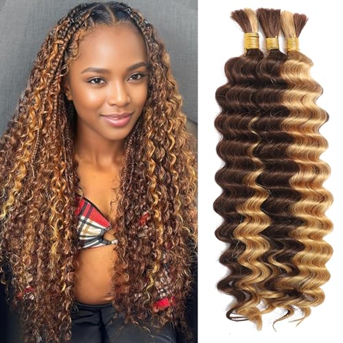 Human Braiding Hair for Boho Braids Human Hair 3 Bundles/Pack 110g 16 Inch Deep Wave Bulk Human Hair for Braiding Curly Knotless 12A Brazilian Virgin Ombre Balayage
