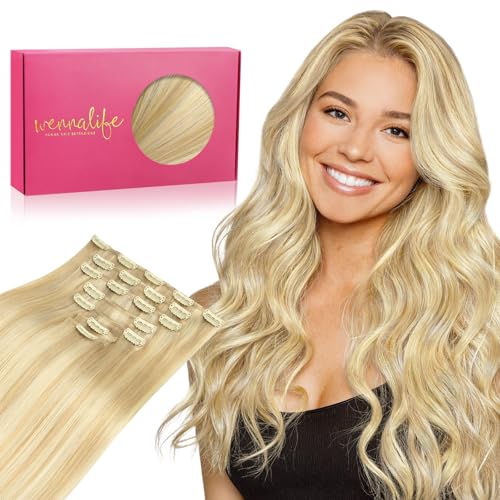 WENNALIFE Clip in Hair Extensions Real Human Hair, 14 Inch 110g 7pcs Remy Hair, Light Blonde Highlighted Golden Blonde Straight Natural Extensiones De Cabello Humano Con Clip Ins