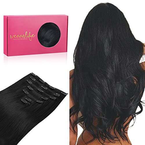WENNALIFE Clip in Hair Extensions Real Human Hair, 14 Inch 110g 7pcs Remy Hair, Jet Black Straight Natural Extensiones De Cabello Humano Con Clip Ins