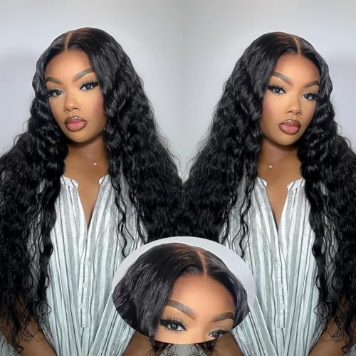 Wear and Go Glueless Wigs Human Hair Pre Plucked Pre Cut Deep Wave Lace Front Wigs 200 Density 5x5 HD Lace Closure Wigs Human Hair No Glue Ready to Wear Wig for Beginner (natural color, 28 inch)