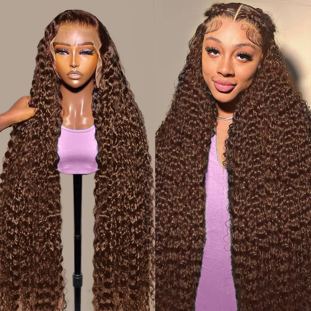 30 Inch Chocolate Brown Deep Wave Lace Front Wigs Human Hair 210 Density 13x6 HD Lace Frontal Wigs Human Hair Pre Plucked Deep Curly Brown Glueless Wigs Human Hair for Women