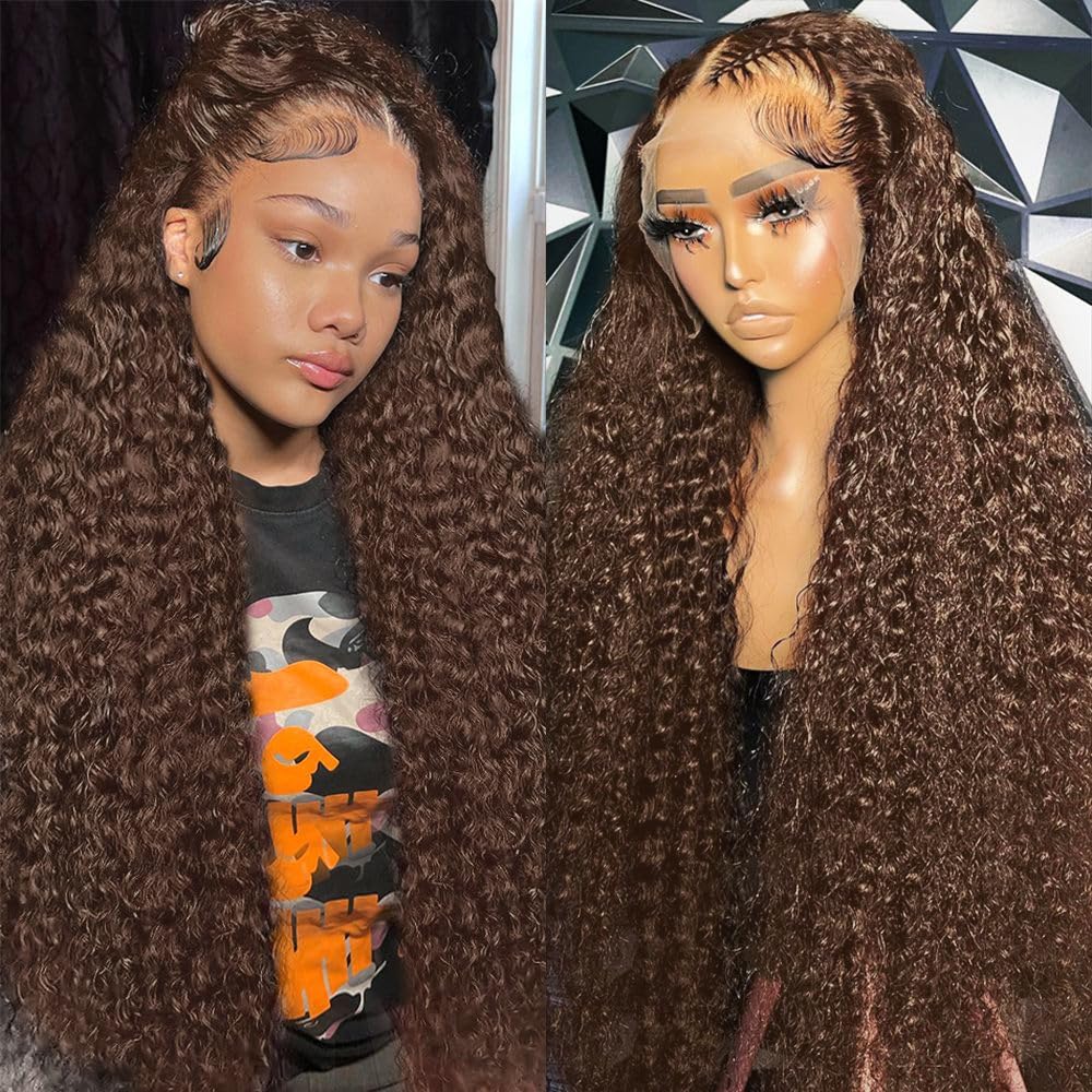Chocolate Brown 13x6 Deep Wave Lace Front Wigs Human Hair 210Density Curly Wig HD Lace Front Wigs Human Hair Pre Plucked Frontal Wigs Human Hair Brown Glueless Wig For Women 24Inch