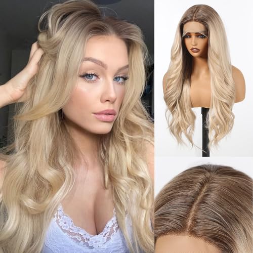HAIRCUBE Ombre Blonde Synthetic Lace Front Wig, 26 Inch Glueless Long Curly Human-Like Wig for Women, Natural Hairline & Adjustable Cap