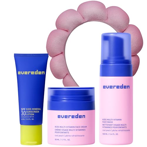 Evereden Kids Skincare Bundle: 1-2-3 Routine with Multi-Vitamin Peach Face Wash, Cream, SPF 30 & Spa Headband  Gentle, Nourishing Skincare & Fun Hair Management for Kids  Perfect for Daily Care