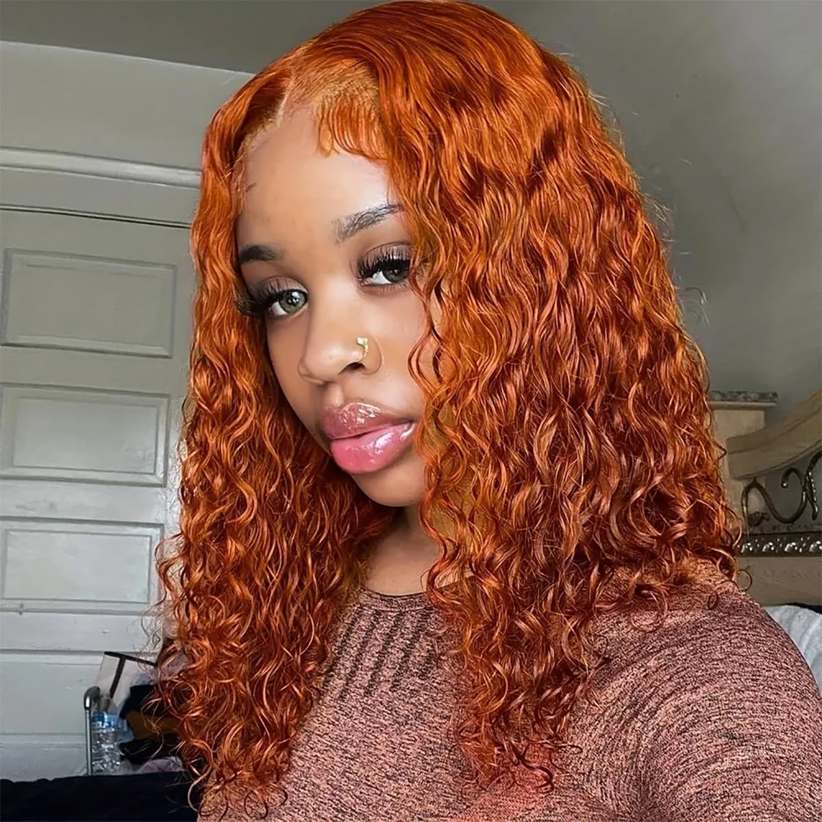 Glueless Wigs Human Hair Pre Plucked Pre Cut Curly Ginger Orange Lace Front Wigs for Beginners 4x4 Deep Wave Bob Wig Colored Human Hair for Black Women 12 Inch