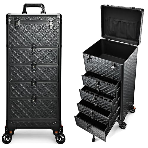 Nail Salon Cart with 4 Drawers,Rolling Makeup Train Case for Beauty,Cosmetology Case on Wheels,Trolley Cart,Lockable Organizer Travel Case for Manicure/Face Painting/Hairstylist/Tattoo Artist