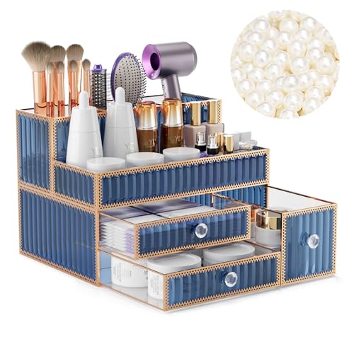 Makeup Organizer Blue - Tempered Glass Vanity Organizer for Cosmetics, Skincare, Hair Tools, Brushes, Perfume - Multipurpose Bathroom Counter Skincare Organizer